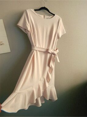 Calvin Klein Light Pink Women's Knee Length Dress with Ruffle Skirt and bow. 12